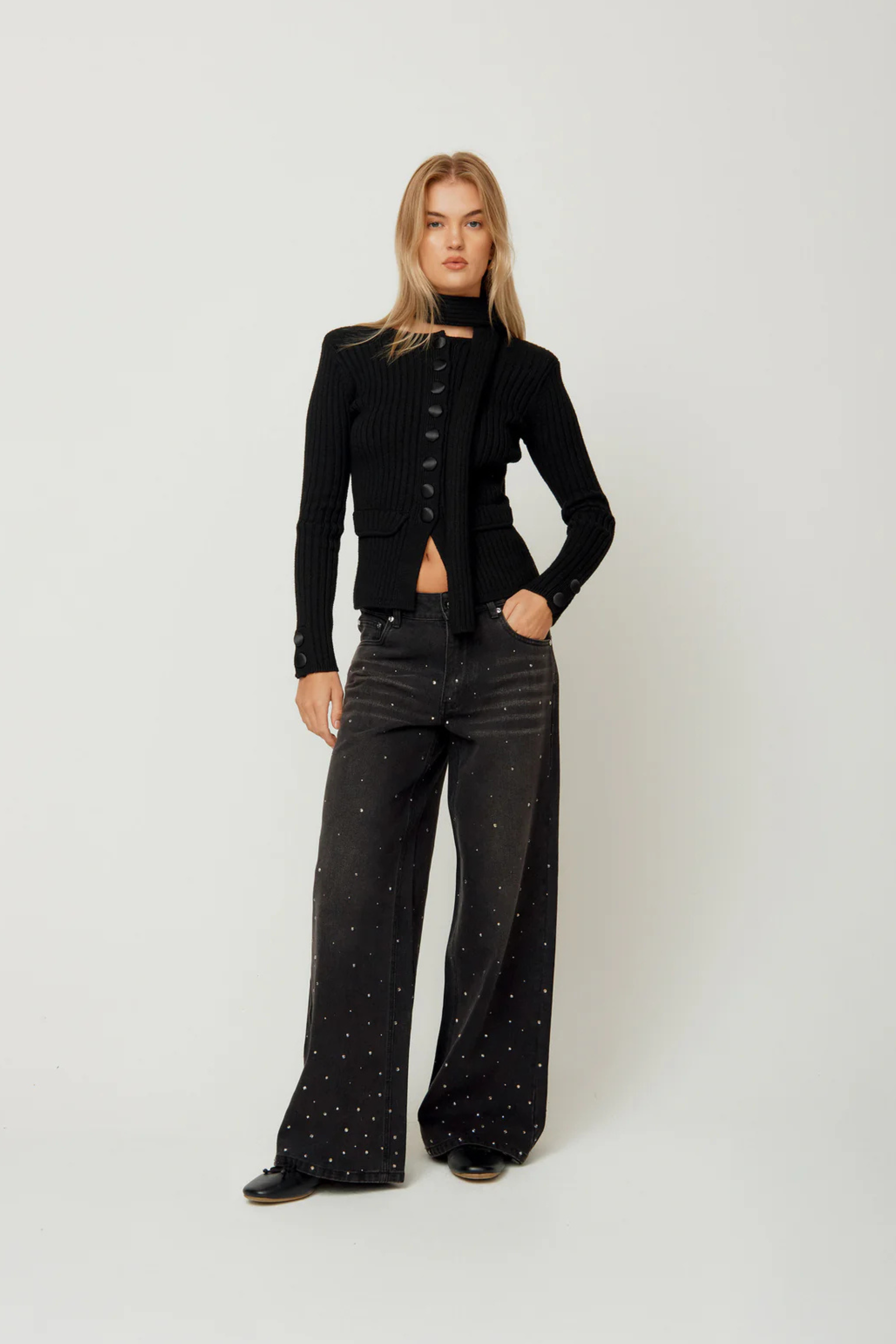 Crystallised Wide leg Denim Jet Black