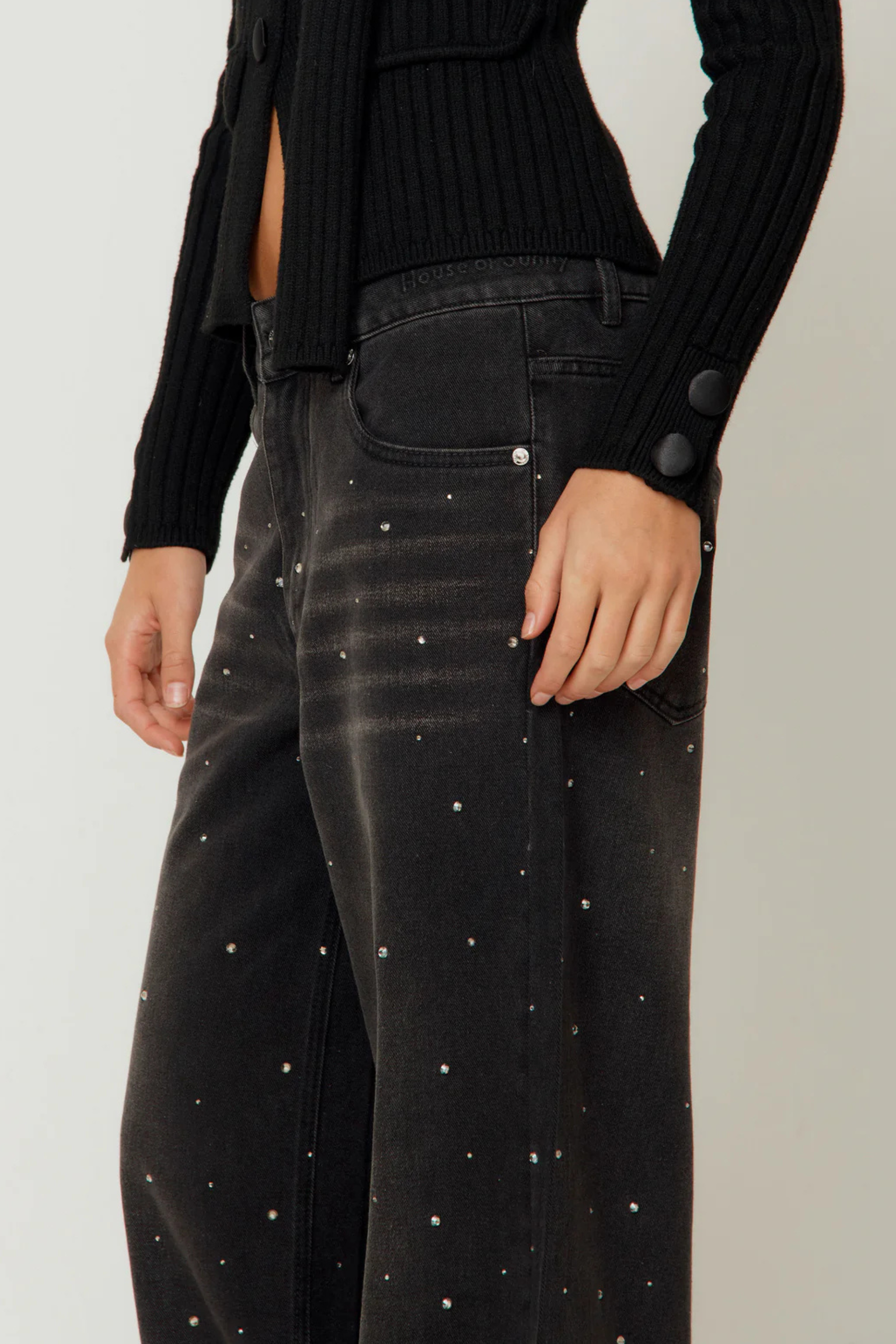 Crystallised Wide leg Denim Jet Black