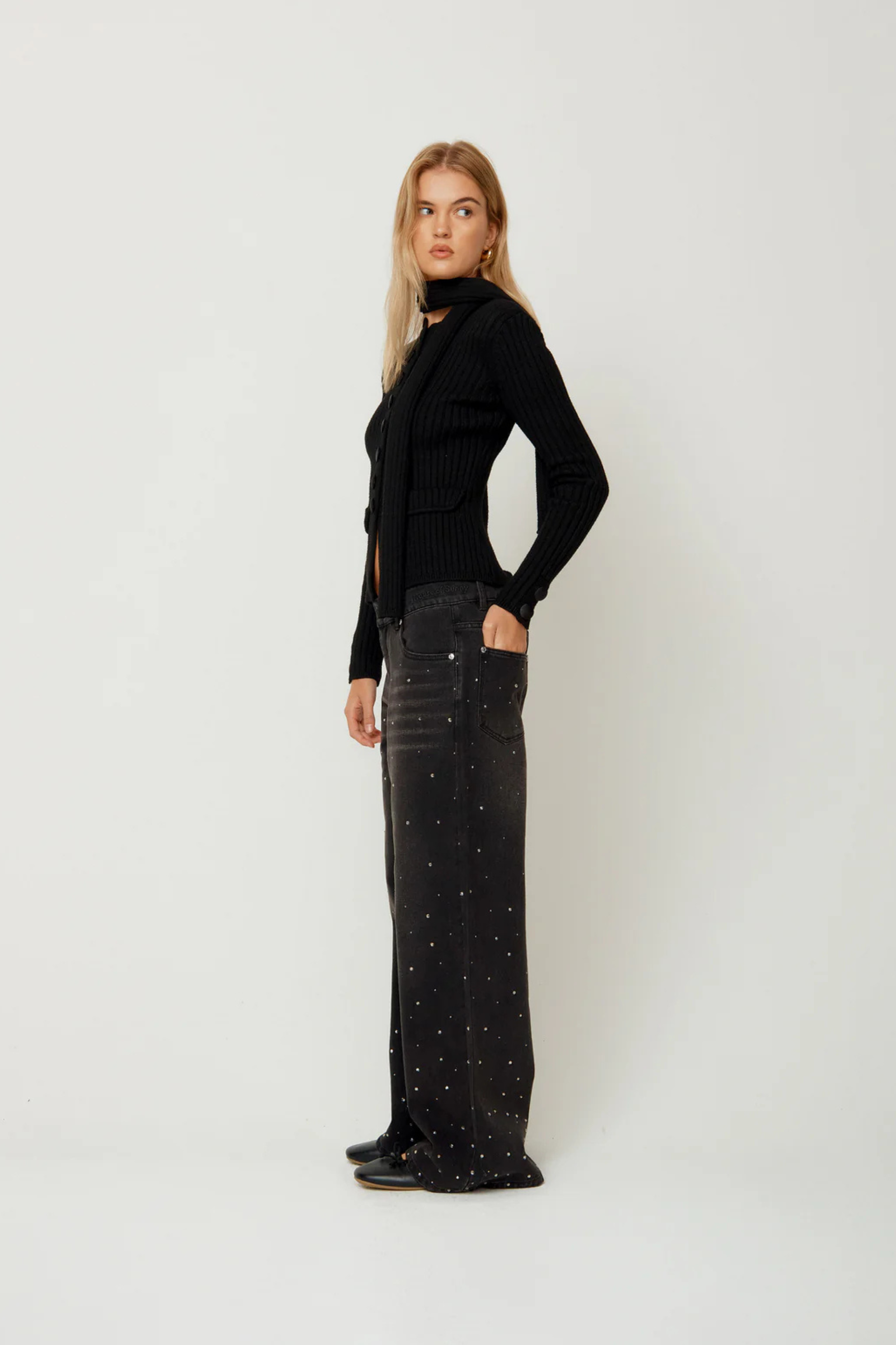 Crystallised Wide leg Denim Jet Black