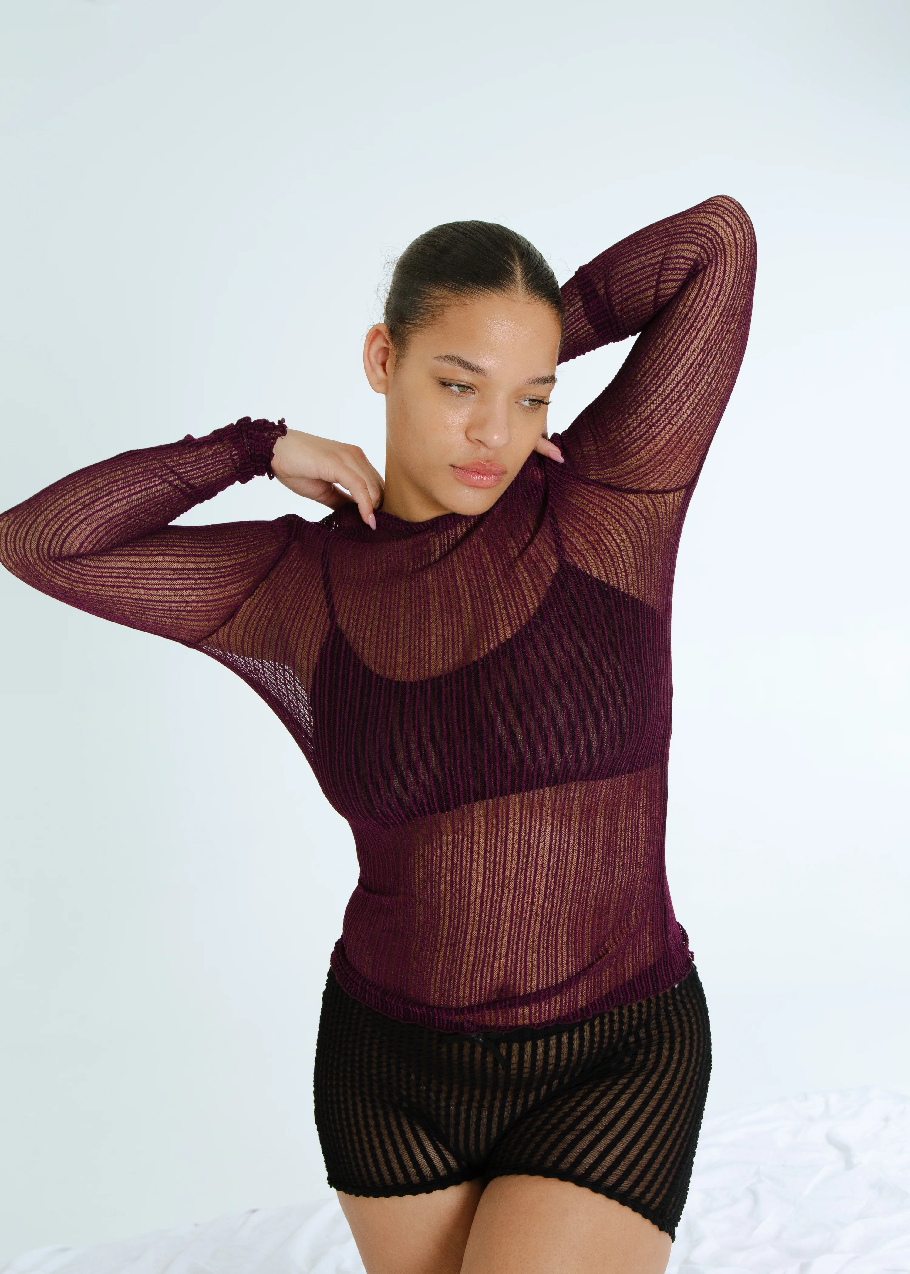 Ribbed Mesh Crew Long Sleeve Wine