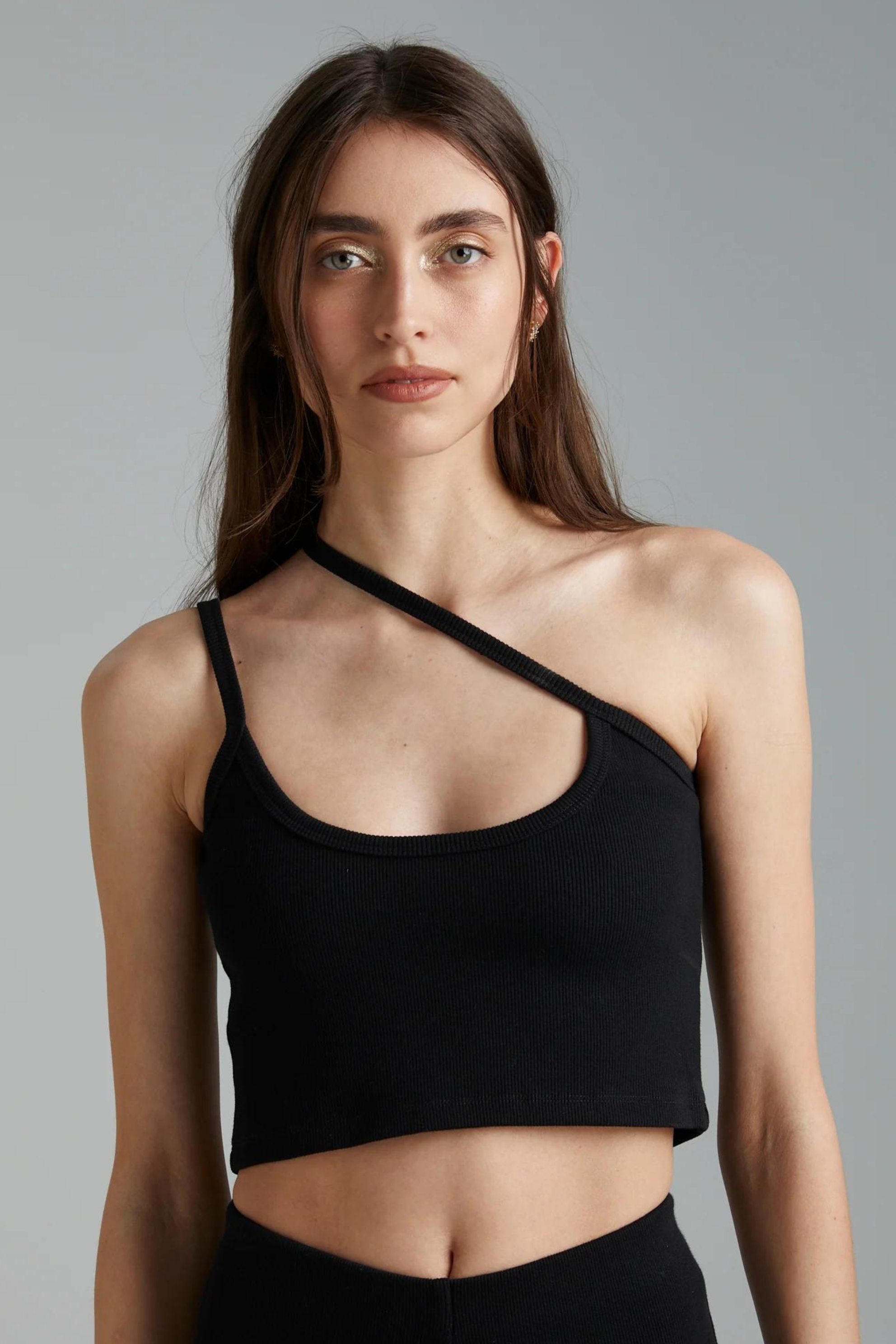 One Shoulder Cross Over Top Black