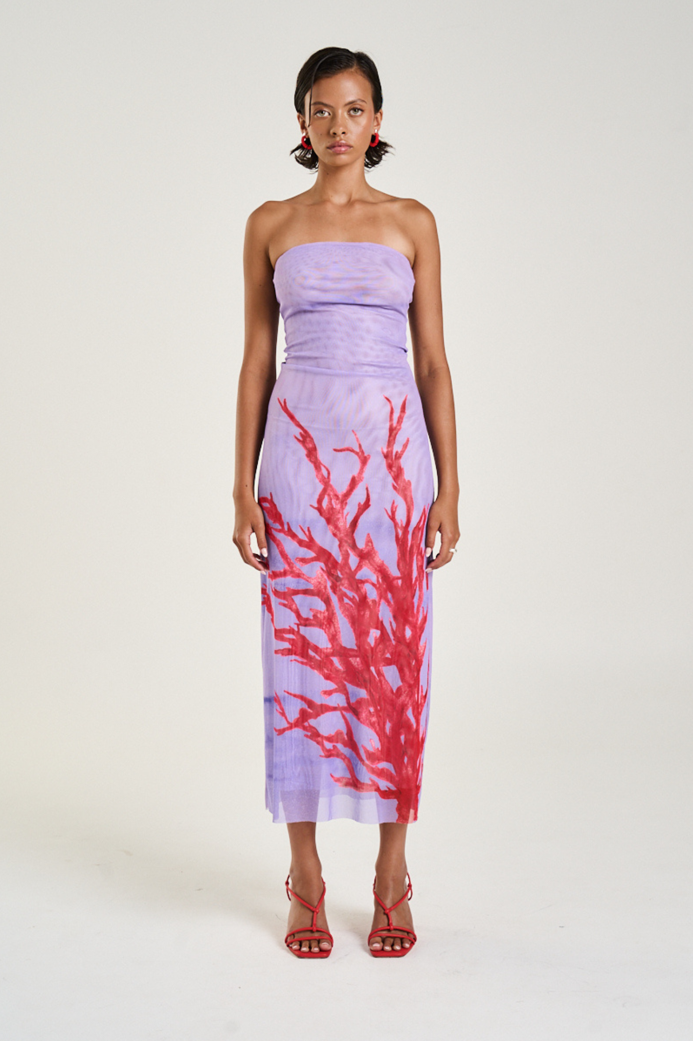 Strapless Mesh Dress Coral