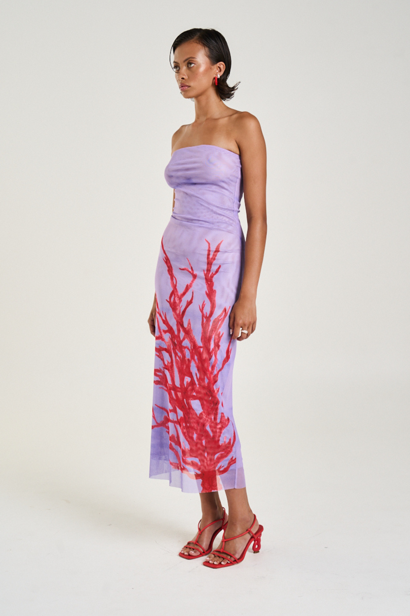 Strapless Mesh Dress Coral