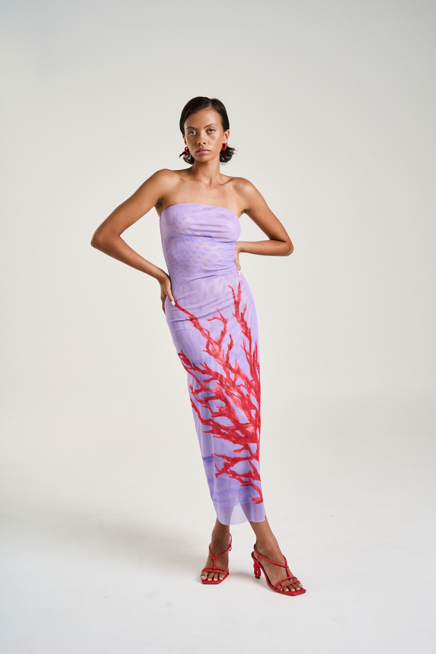 Strapless Mesh Dress Coral