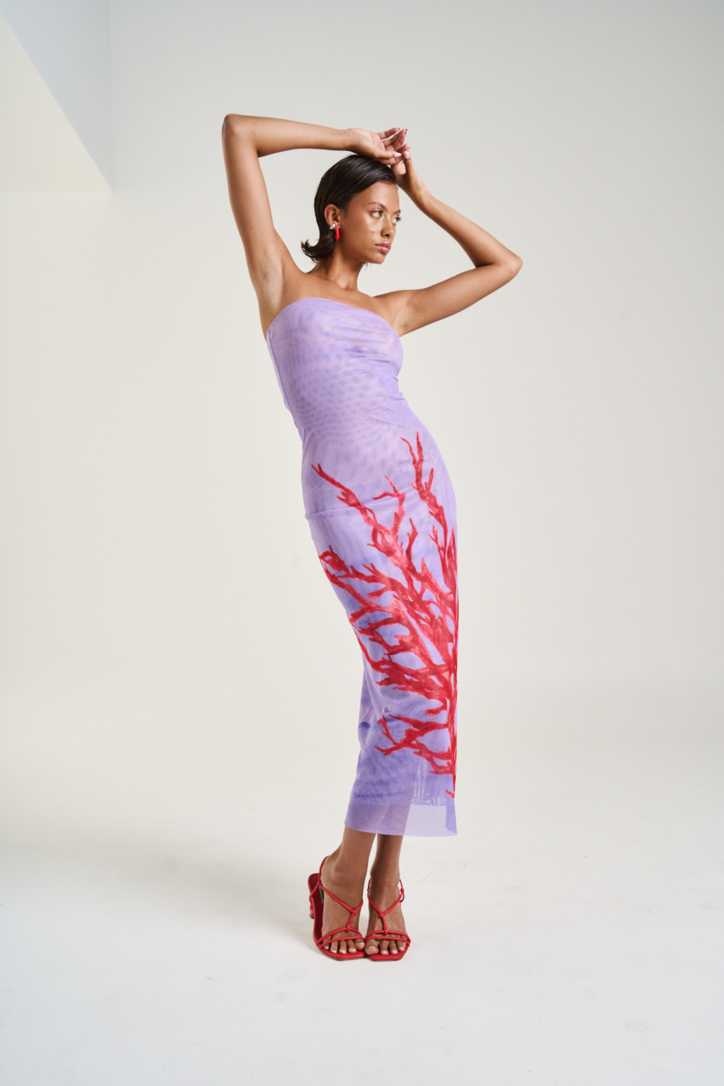 Strapless Mesh Dress Coral