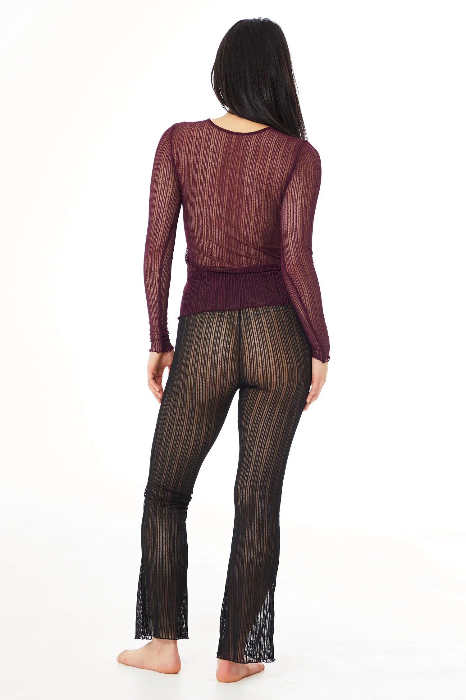 Ribbed Mesh Crew Long Sleeve Wine