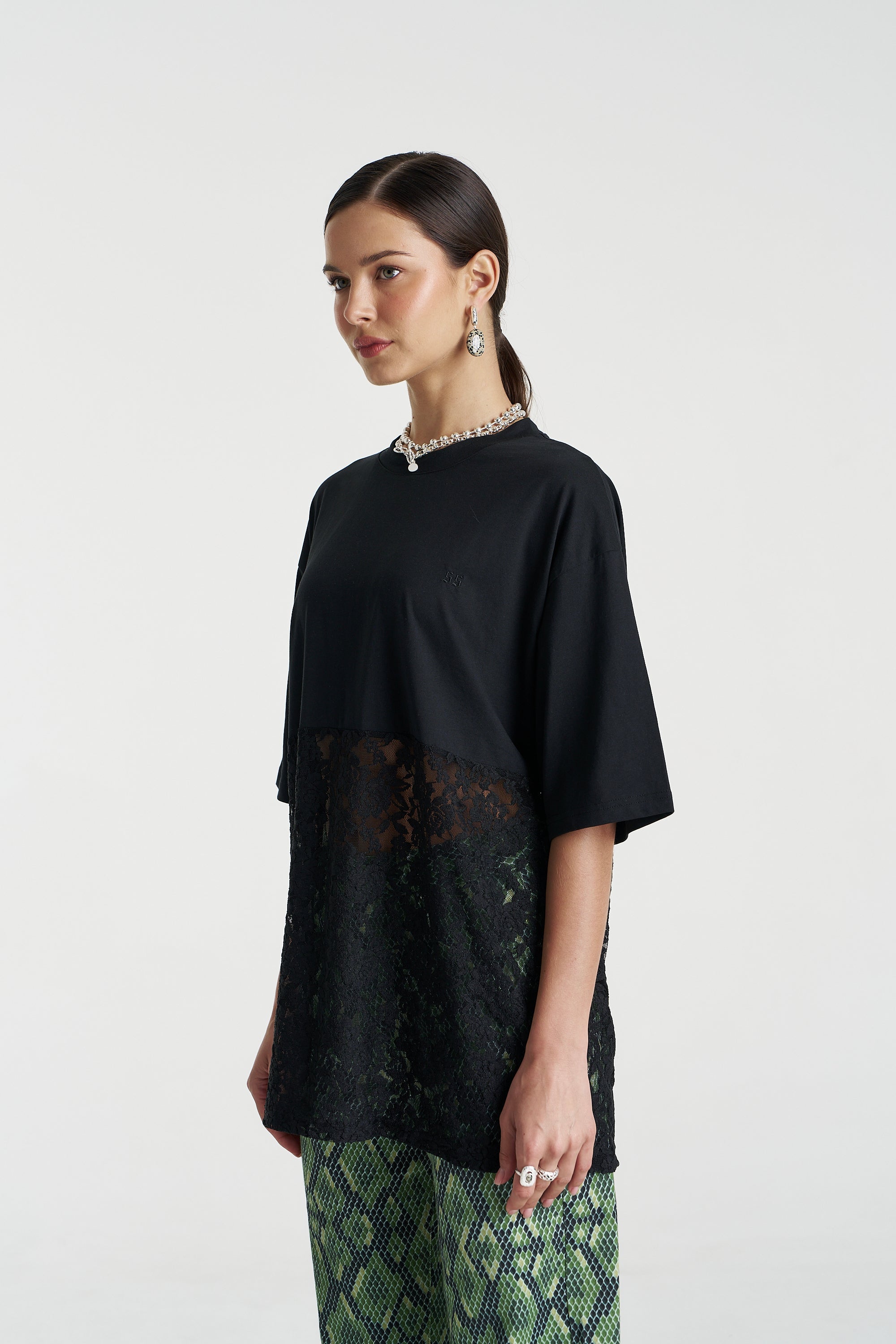 Lace Panel Tee Black