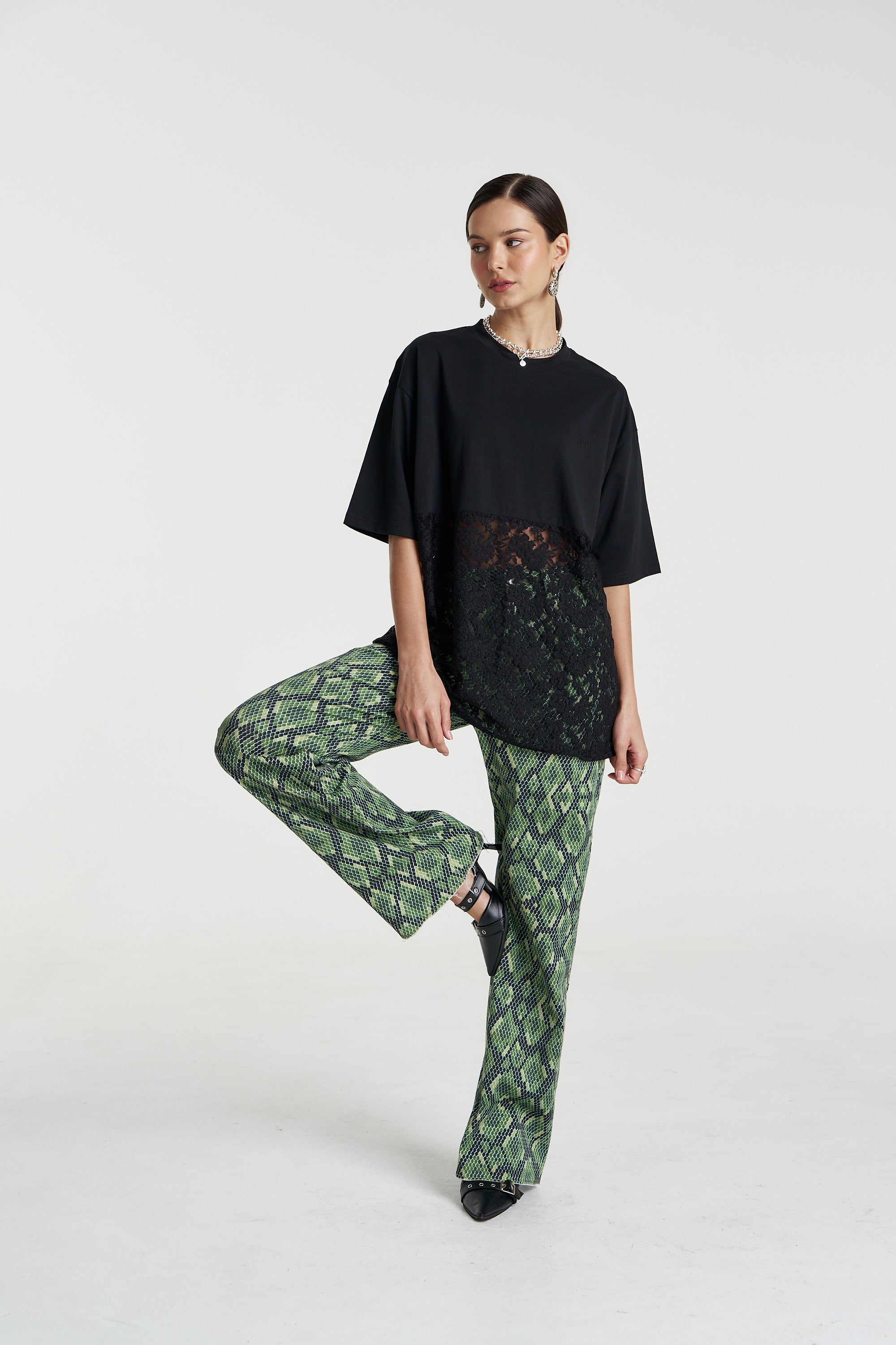 Lace Panel Tee Black