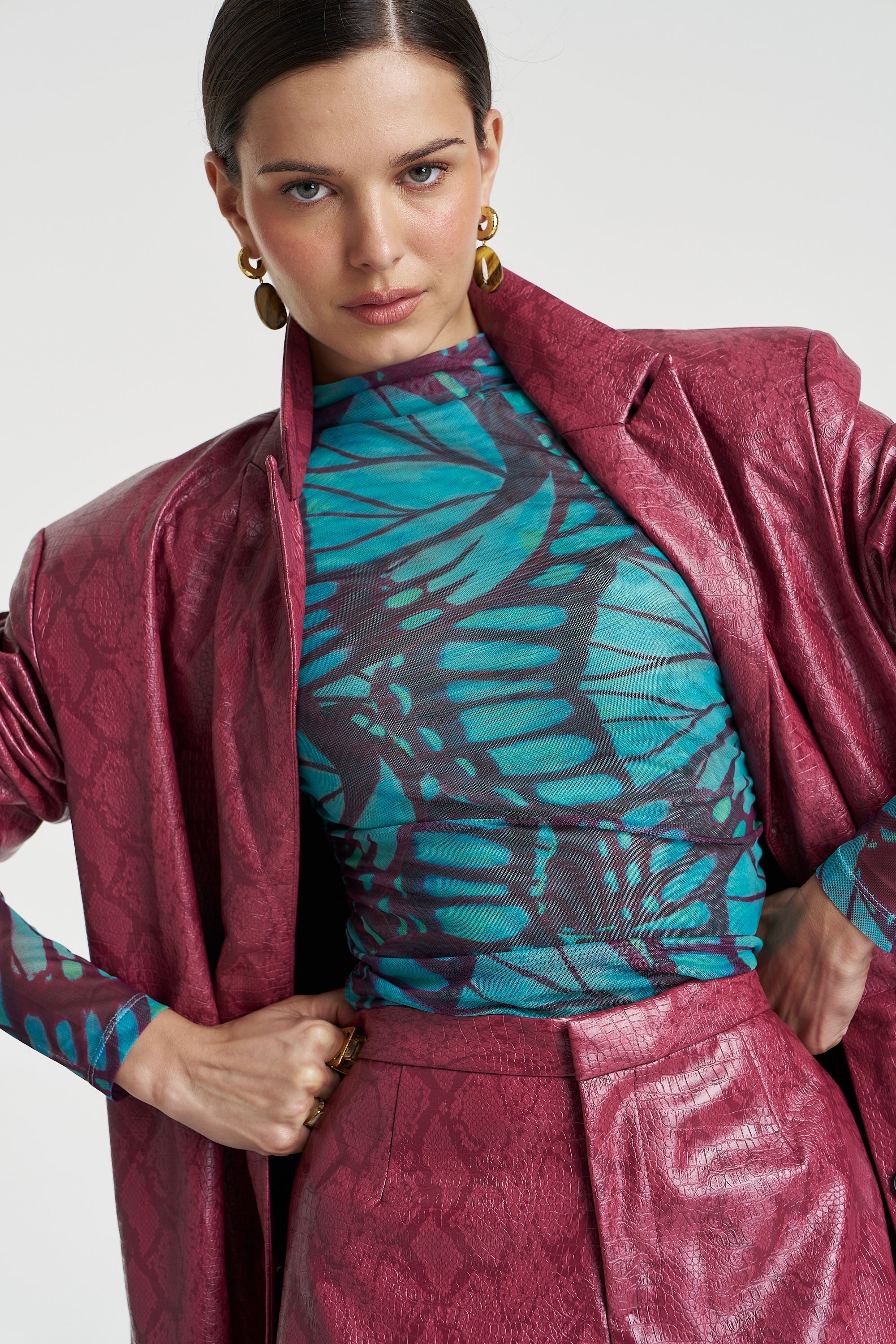 Mesh LS Rouched Skivvy Jade Butterly