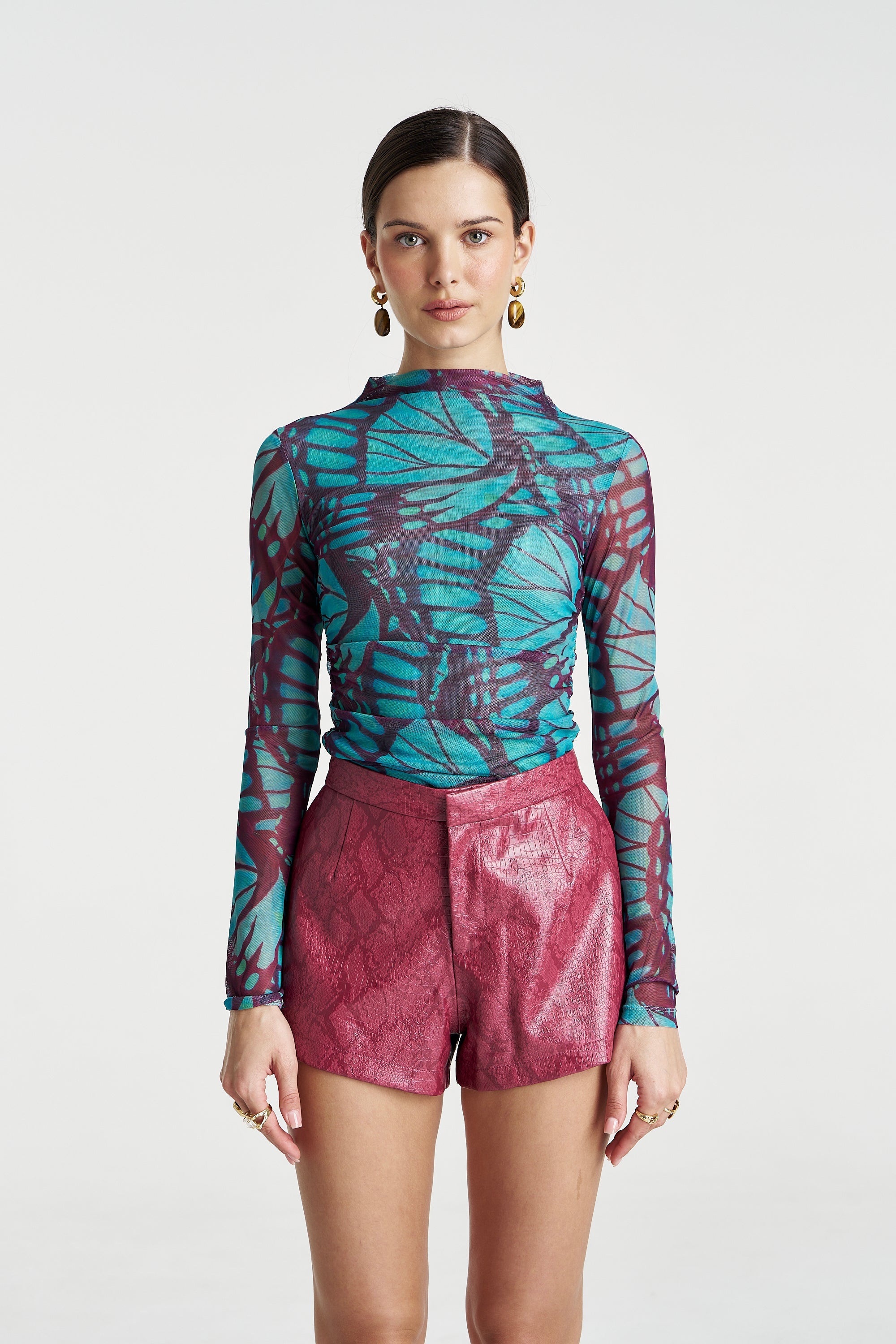 Mesh LS Rouched Skivvy Jade Butterly