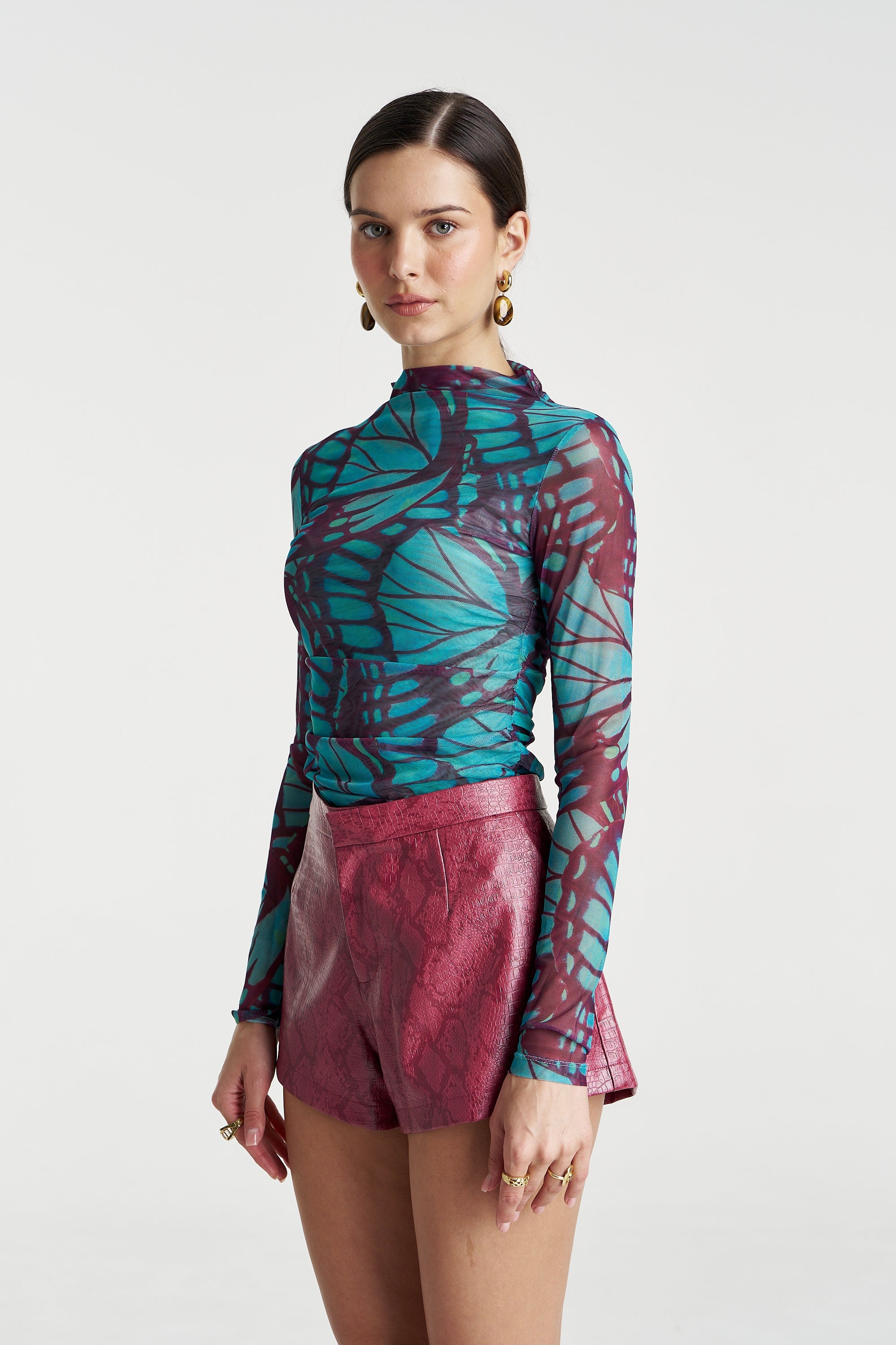 Mesh LS Rouched Skivvy Jade Butterly