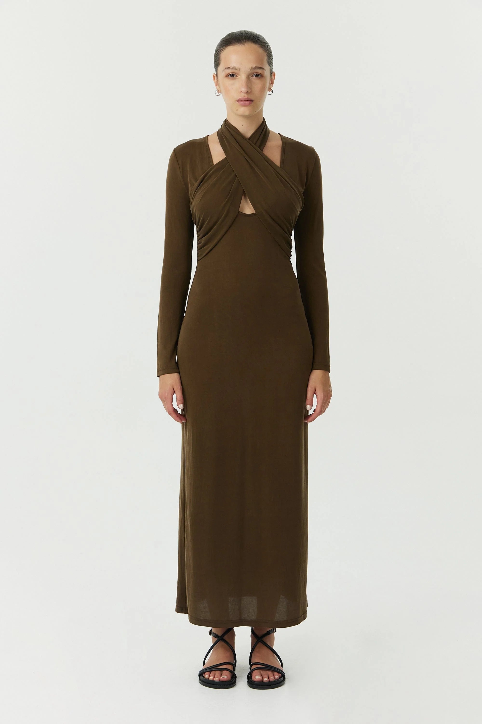 Wisteria Wrap Neck Maxi Dress Chocolate