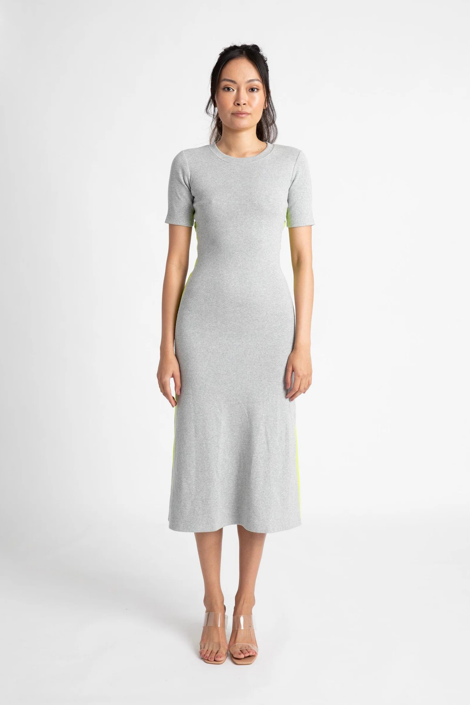 Midi A Line Dress With Short Sleeve Grey / Apple Stripe